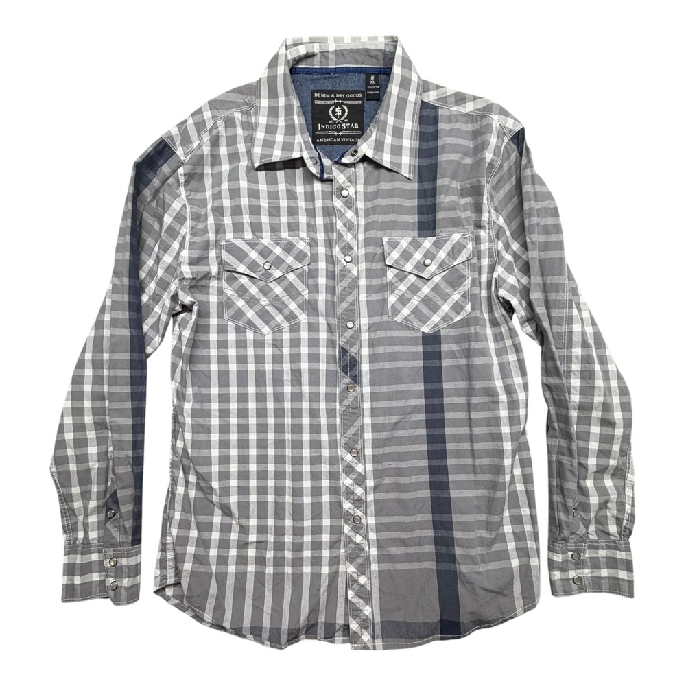 Indigo Star Mens XL Grey Plaid Western Pearl Snap Long Sleeve Shirt Y2K